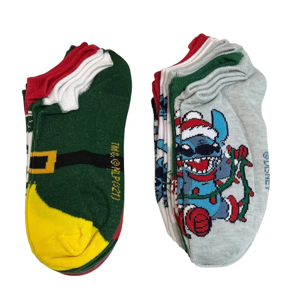 Elf and Disney Stitch No-Show‎ Socks Womens Shoe Size 4-10 12 Pairs Christmas
